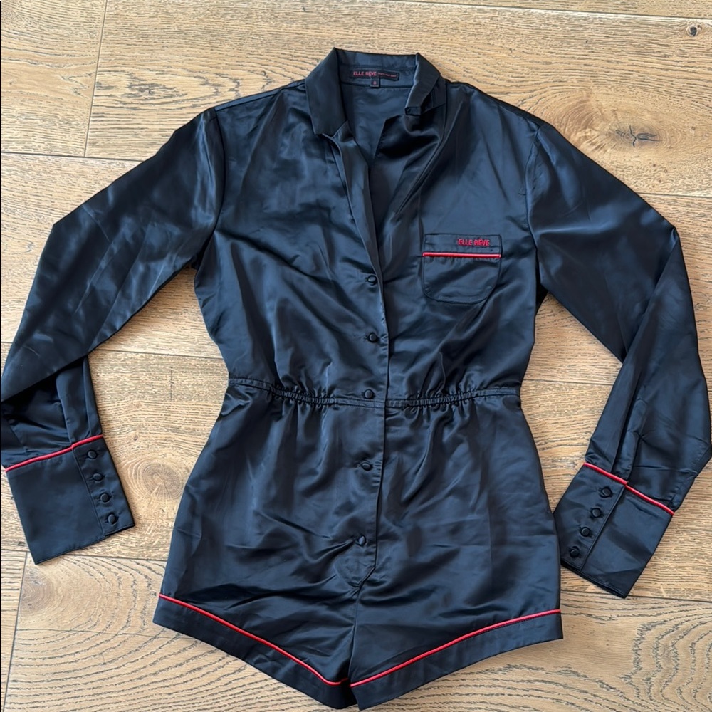 Black Satin Romper with Red Piping